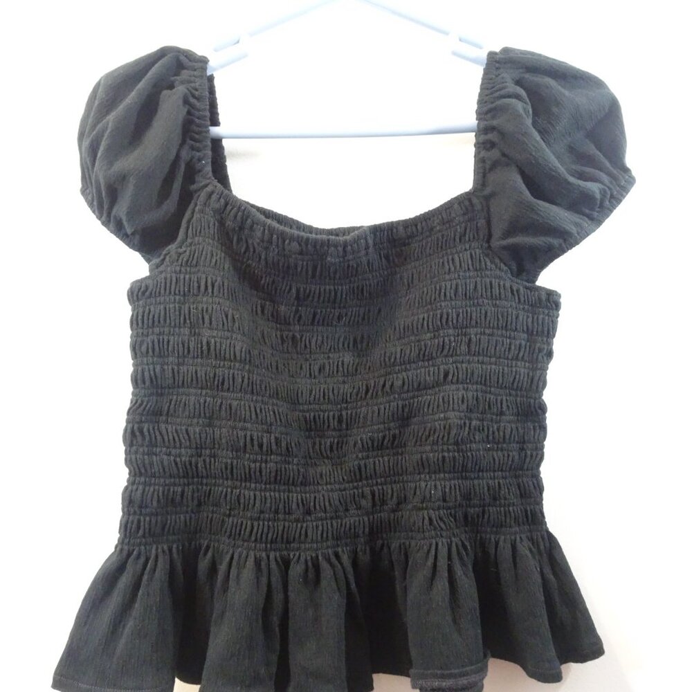 Madewell Square-Neck Smocked Peplum Short Sleeve Top Black Size L Stretch Crop - Picture 2 of 5